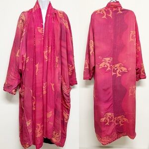 OK Mike Womens Vibrant Pink Dolphin Boho Pocketed Maxi Vintage Kimono Size OS